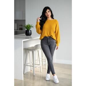 French Connection Mustard Yellow Knit Ribbed Scoop Neck Sweater